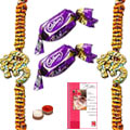 Two OM Rakhi with 2 Chocolates, Roli, Chawal and Message card