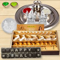 Silver Laxmi Puja Hamper with Assorted Sweets and Chocolate for Diwali