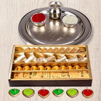 Silver Puja Thali, Diya N Haldirams Assorted Sweets.