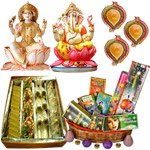 Lakshmi Ganesh Idols,Haldiram Assorted sweets, Crackers and Diya