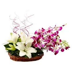 Elegant Basket of Orchids N Lilies