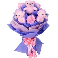Delightful Bouquet of Pink Teddies N Artificial Pink Carnations