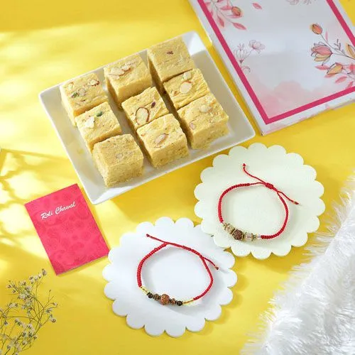 Rudraksha Rakhi Duo with Sweet Soan Papdi