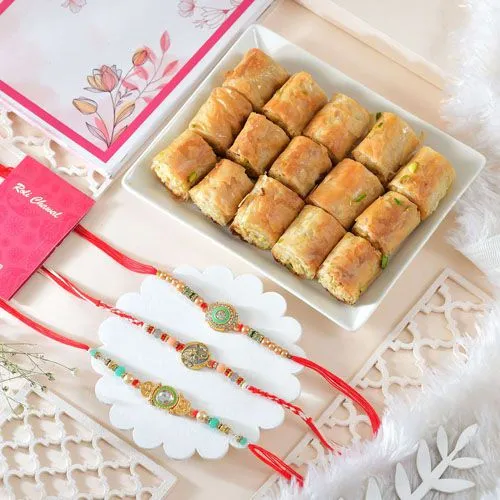 Elegant Kundan Rakhi Trio with Baklava