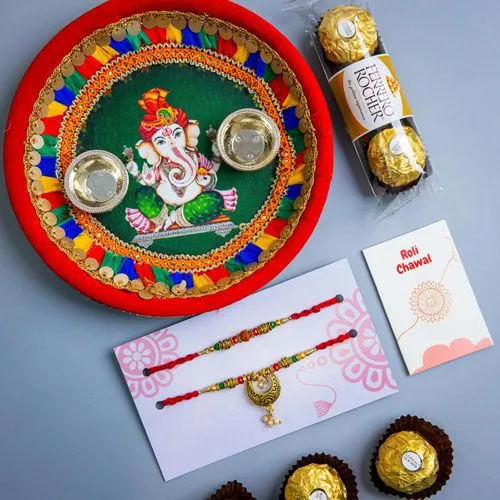 Rudraksha Bhaiya Bhabhi Rakhi Set with Pooja Thali & Ferrero