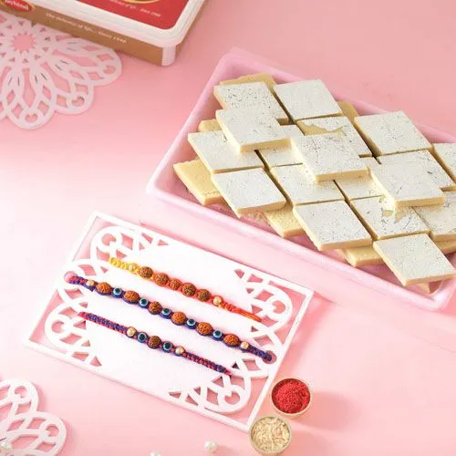 Trio of Rakhi with Kaju Katli Delight