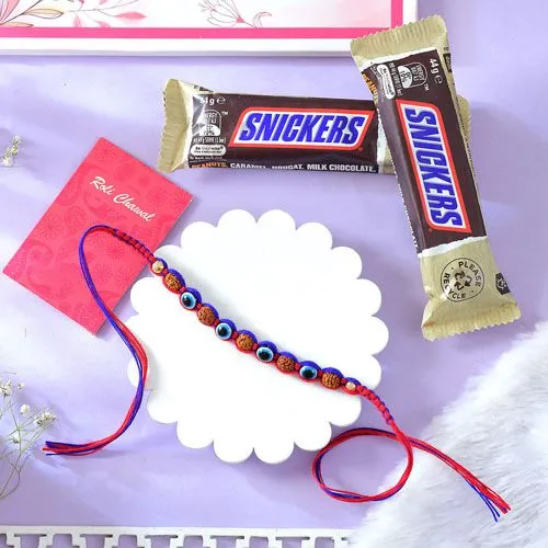 Rudraksha Evil Eye Rakhi with Snickers Duo