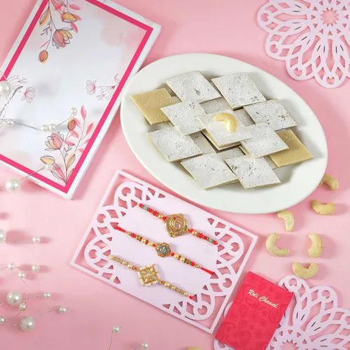 Elegant Rakhi Trio with Kaju Katli