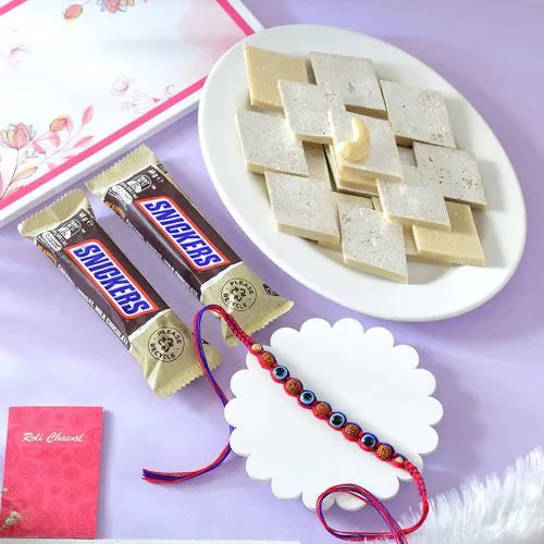 Evil Eye Rakhi Delight with Kaju Katli & Snickers