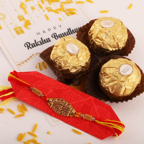 Attractive Rakhi with Ferrero Chocolate and Free Rakhi Card