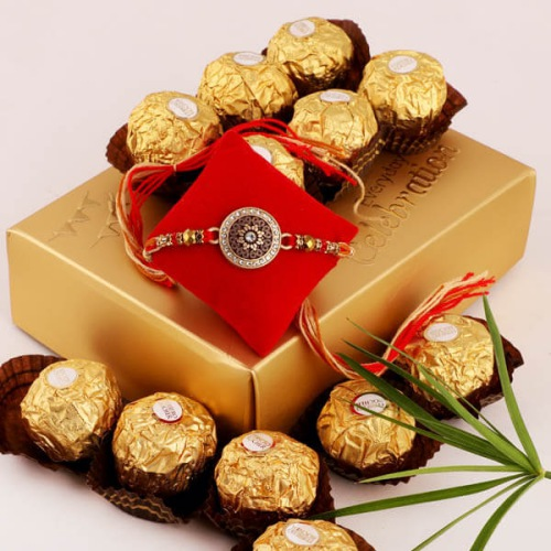 Delicious Ferrero Chocolate with Fancy Rakhi, Free Roli Chawal N Card