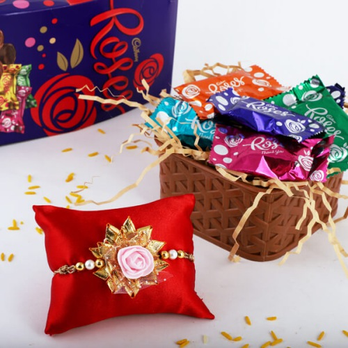 Fancy Rakhi, Cadbury Roses with Free Roli Chawal and Rakhi Card