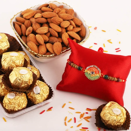 Exciting Combo of Ferrero Rocher, Almonds with Fancy Rakhi