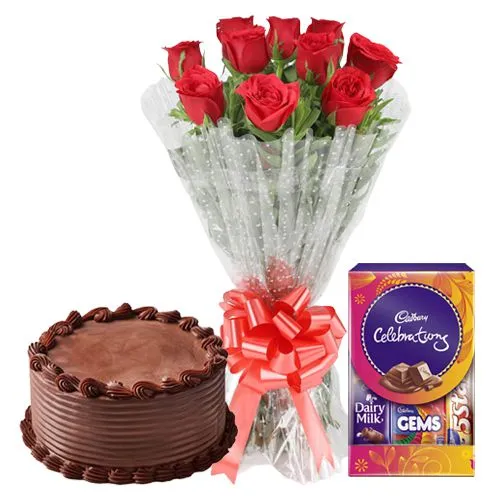 Deliver Red Roses with Chocolate Cake N Cadbury Celebrations Pack