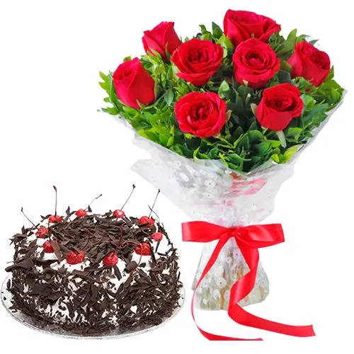 Combo of Black Forest Cake with Red Roses Bouquet