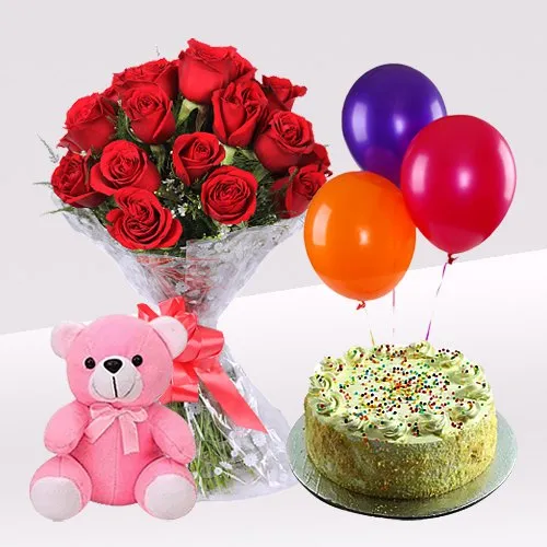 Gift Vanilla Cake with Roses Bouquet, Teddy N Balloons