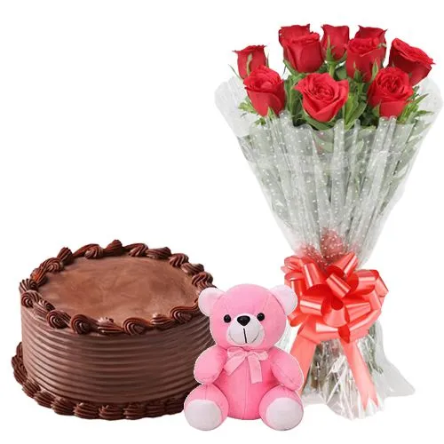 Order Chocolate Cake with Roses Bouquet N Teddy