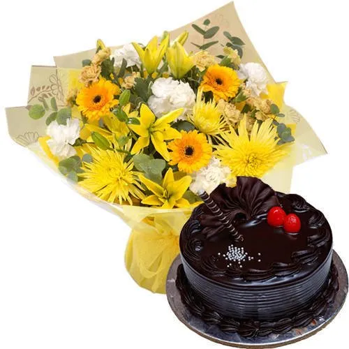 Tender Mixed Flowers Bunch with Choco Truffle Cake