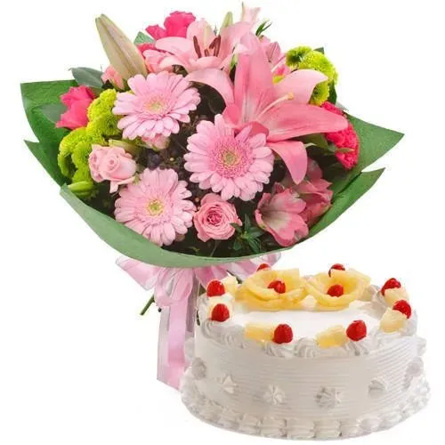 Pineapple Cake with Mixed Flowers Bouquet