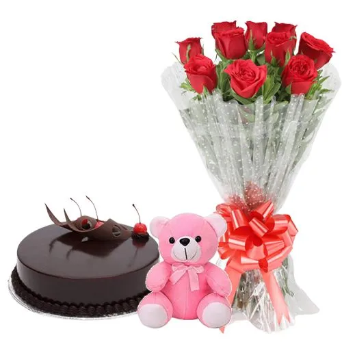 Online Eggless Chocolate Cake with Red Roses N Teddy