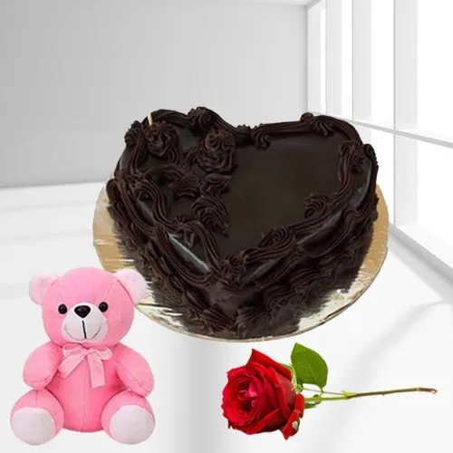 Send Chocolate Cake in Heart Shape with Teddy N Rose
