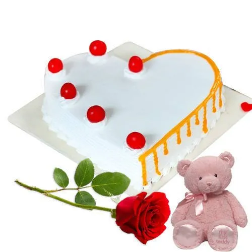 Gift Heart Shaped Vanilla Cake with Rose N Teddy