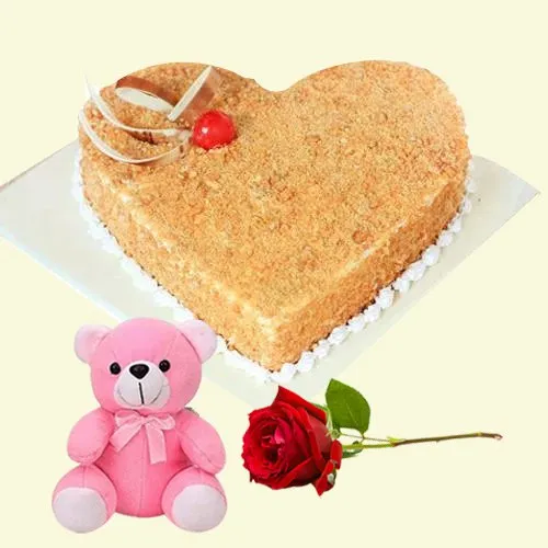 Send Heart Shaped Butter Scotch Cake with Teddy N Rose