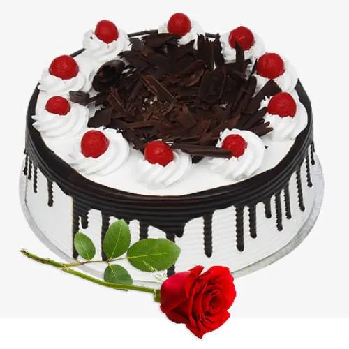 Online Eggless Black Forest Cake with Single Rose
