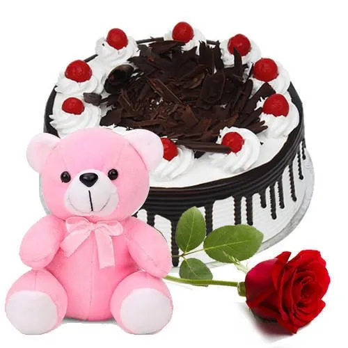 Delicious Eggless Black Forest Cake with Teddy N Rose