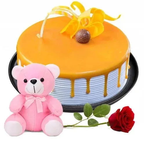 Send Eggless Butter Scotch Cake with Rose N Teddy