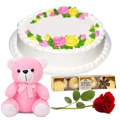 Send Eggless Vanilla Cake with Rose, Teddy N Ferrero Rocher