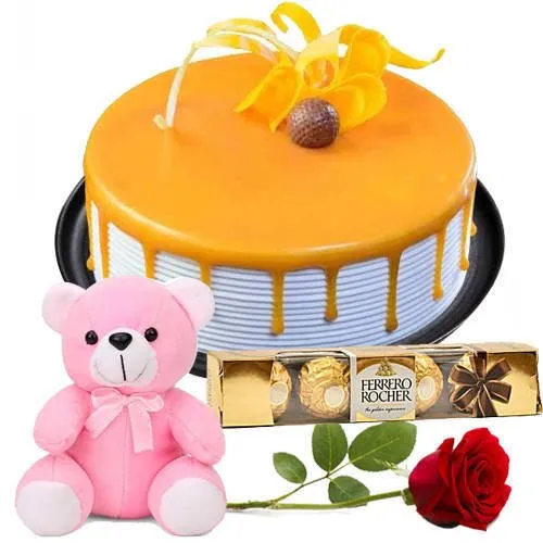 Deliver Eggless Butter Scotch Cake with Rose, Teddy N Ferrero Rocher