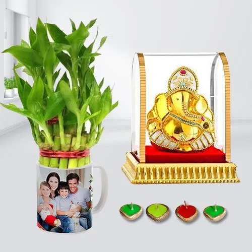 Auspicious Vighnesh Ganesh Idol with Personalized Photo Mug, 2 Tier Lucky Bamboo Plant n Free Diya