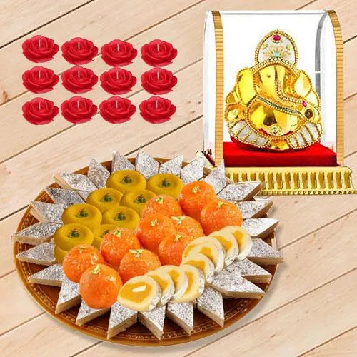 Auspicious Vighnesh Ganesh Idol with Bhikarams Sweets Platter n Candle Set