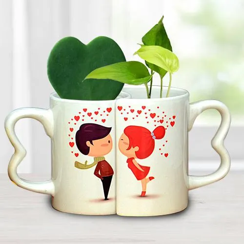 Attractive Couple Coffee Mug with Hoya Heart n Money Plant