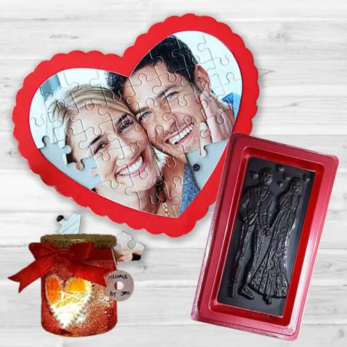 Extravagant V-day Gift of Personalized Puzzle with Handmade Chocolate n LED Lamp