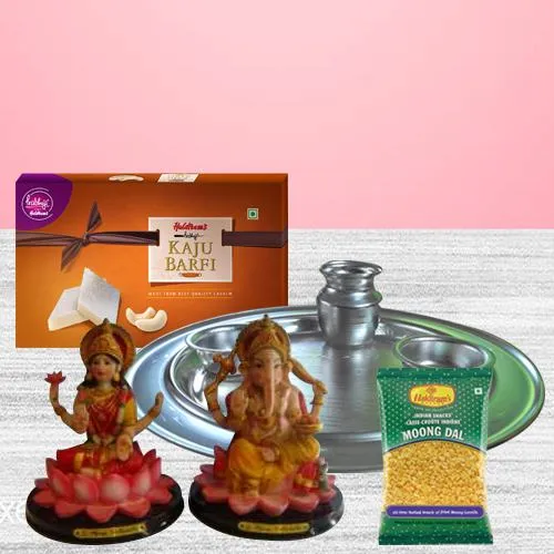 Blissful Puja Thali with Haldiram Kaju Barfi N Laxmi Ganesh Idol