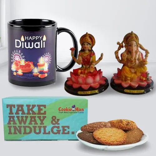 Classy Personalized Gift of Happy Diwali Black Coffee Mug with Cookies Treat