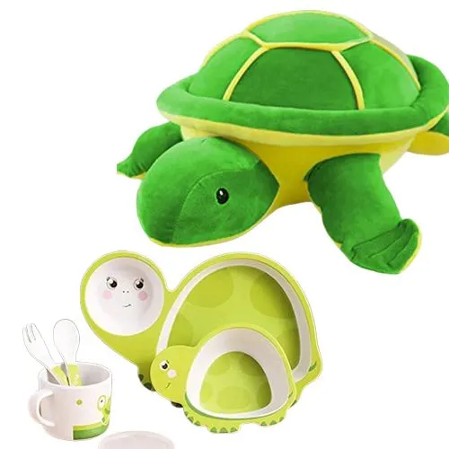 Radiant Duo of Turtle Soft Toy N Bamboo Dinner Set for Kids
