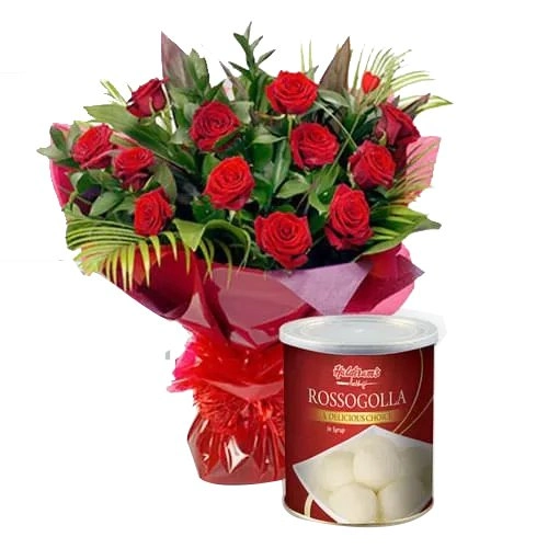 Beautiful Bouquet of Red Roses with Haldiram Rasgulla
