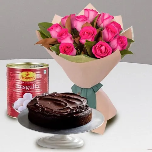 Send Red Roses, Haldiram Rasgulla N Eggless Cake Online