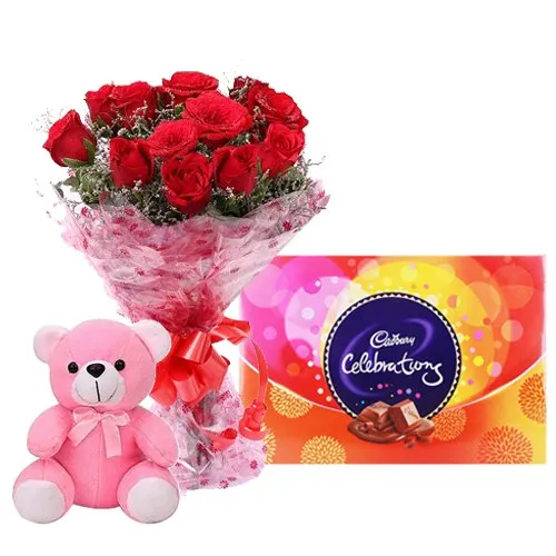 Red Rose Bouquet with Cadbury Celebrations N Teddy