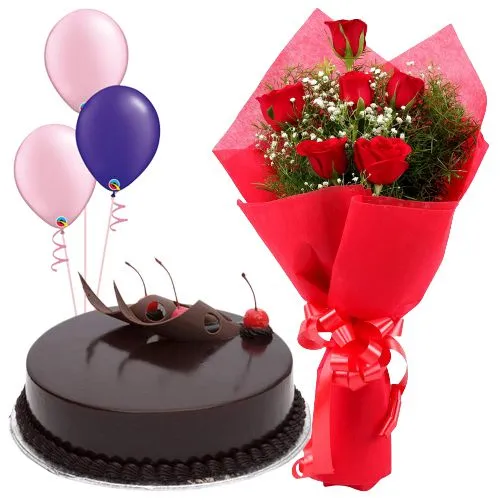 Truffle Cake with Red Roses Bouquet and Balloons