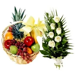Fresh Fruits Basket N Rose Bouquet