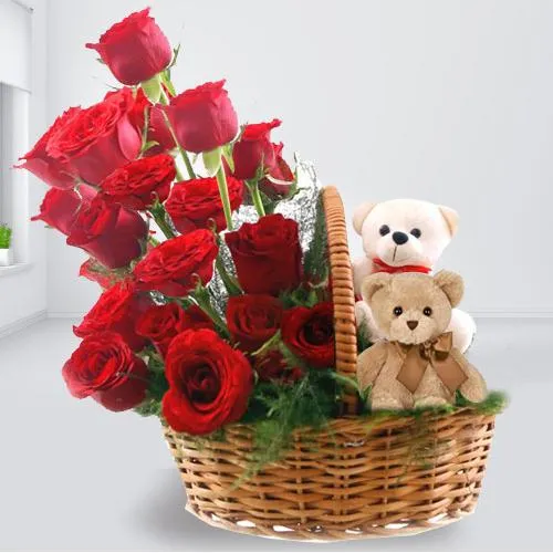 Red Roses and Twin Teddies Basket Arrangement