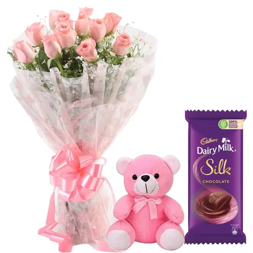Online Order Roses Bouquet, Teddy N Chocolates