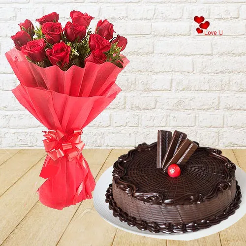 Buy Online Red Roses Bouquet N Chocolate Cake