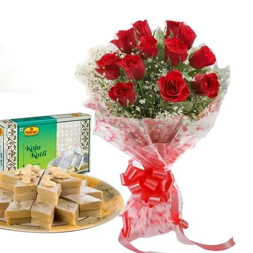 Shop Online Red Roses Bouquet with Kaju Katli