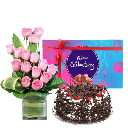 Perfect Combo of Cake Pink Roses Arrangement with Cadbury Celebrations