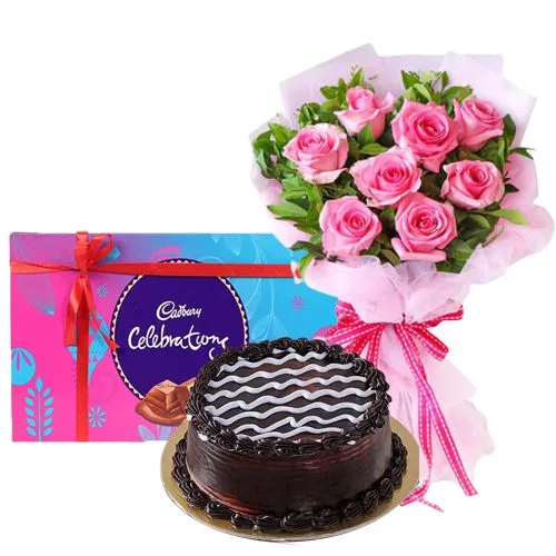 Delicious Cake Pink Rose Bouquet and Cadbury Celebrations